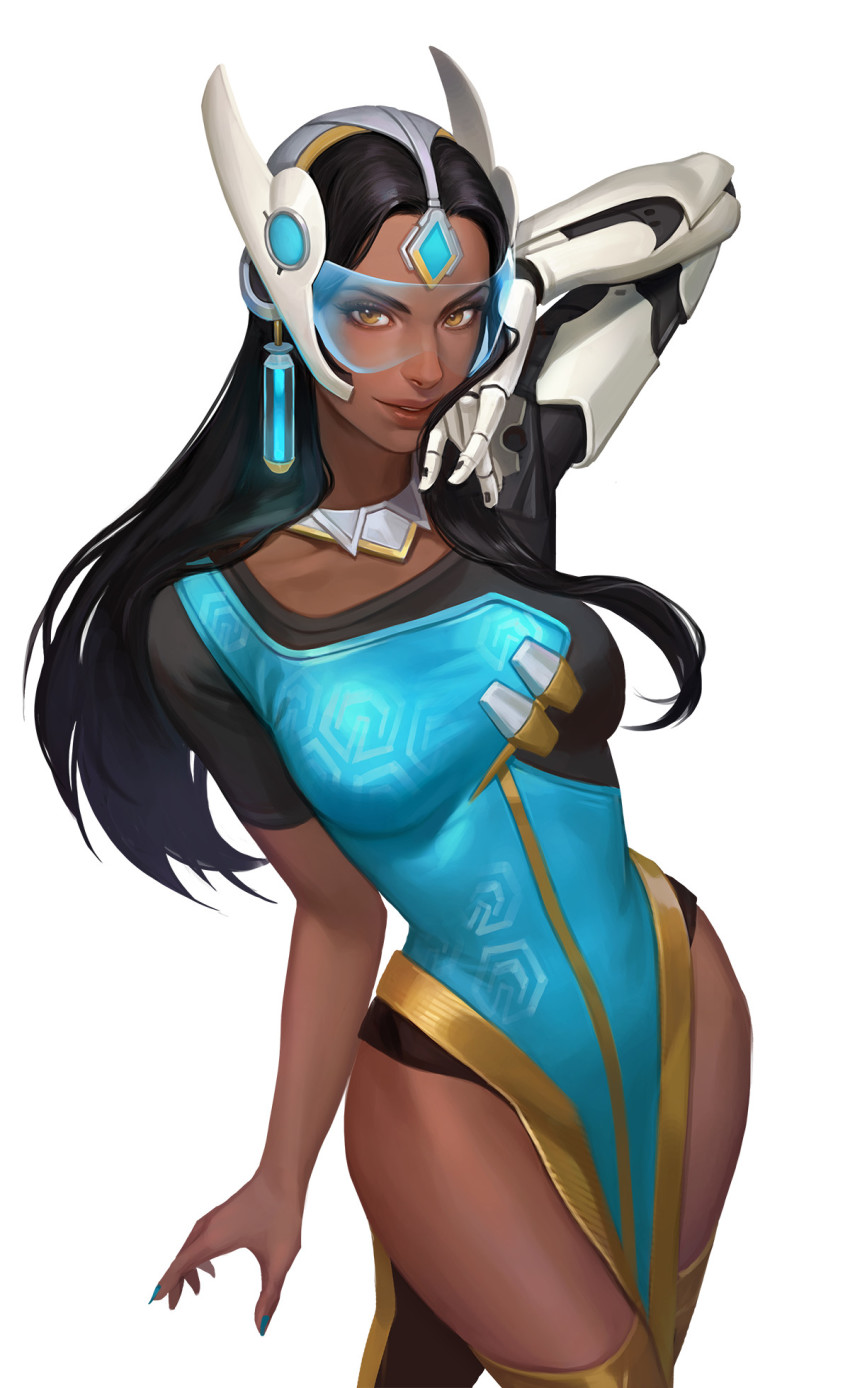 1girl, asymmetrical_clothes, bare_hips, black_hair, blue-tinted_eyewear, breasts, brown_eyes, dark-skinned_female, dark_skin, headgear, highres, jinwu_(jinwudraw), long_hair, medium_breasts, overwatch, overwatch_1, pelvic_curtain, prosthesis, prosthetic_arm, simple_background, symmetra_(overwatch), tagme, thighhighs, thighs, tinted_eyewear, visor, white_background, wide_hips