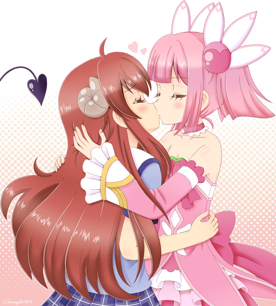 2girls, artist_name, blush, breasts, brown_hair, chiyoda_momo, choker, cleavage