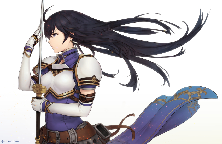 1girl, ahoge, armor, ayra_(fire_emblem), belt, belt_buckle, black_hair, blood