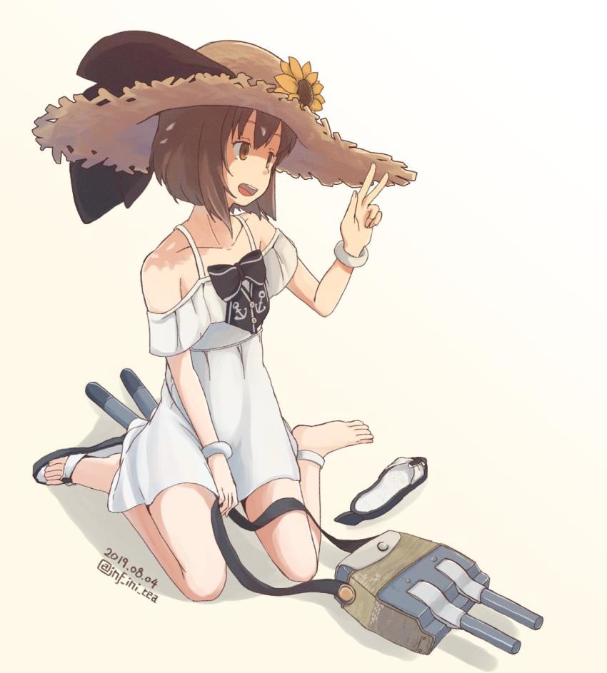 1girl, adapted_turret, alternate_costume, anchor_symbol, brown_eyes, brown_hair, dated, dress