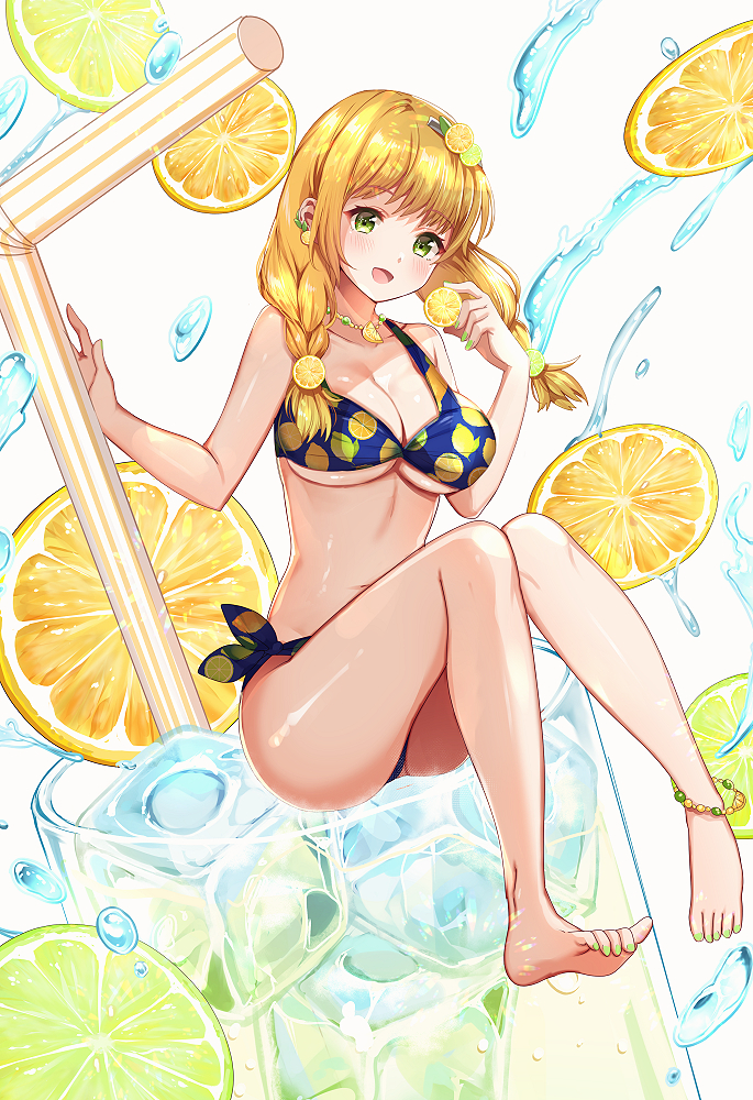 1girl, :d, anklet, ass, bare_arms, bare_shoulders, barefoot, beads