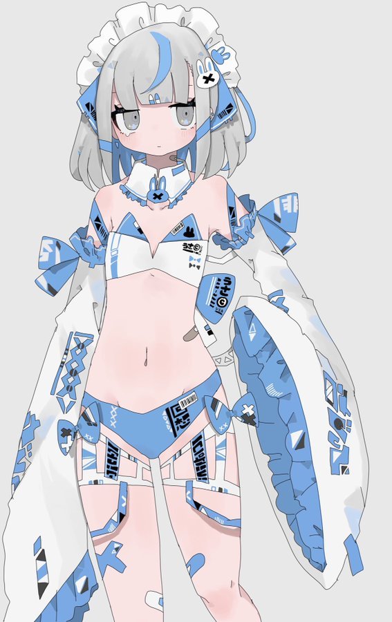 1girl, bandaid, bandaid_on_leg, bare_shoulders, bikini, blue_ribbon, blunt_bangs, bob_cut