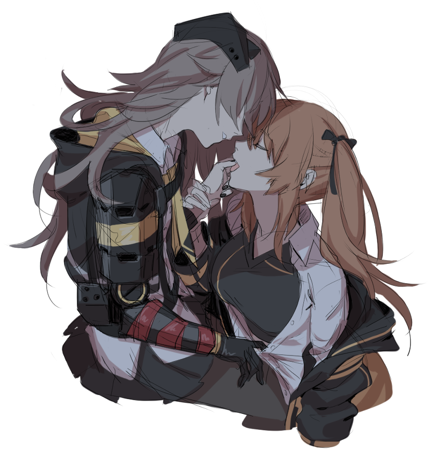2girls, brown_hair, closed_eyes, girls'_frontline, imminent_kiss, jacket, unworn_jacket, maiqo