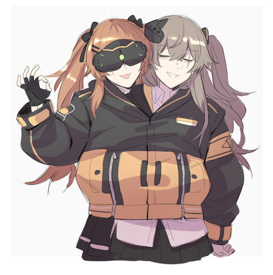 2girls, armband, brown_hair, closed_eyes, fingerless_gloves, girls'_frontline, gloves, goggles
