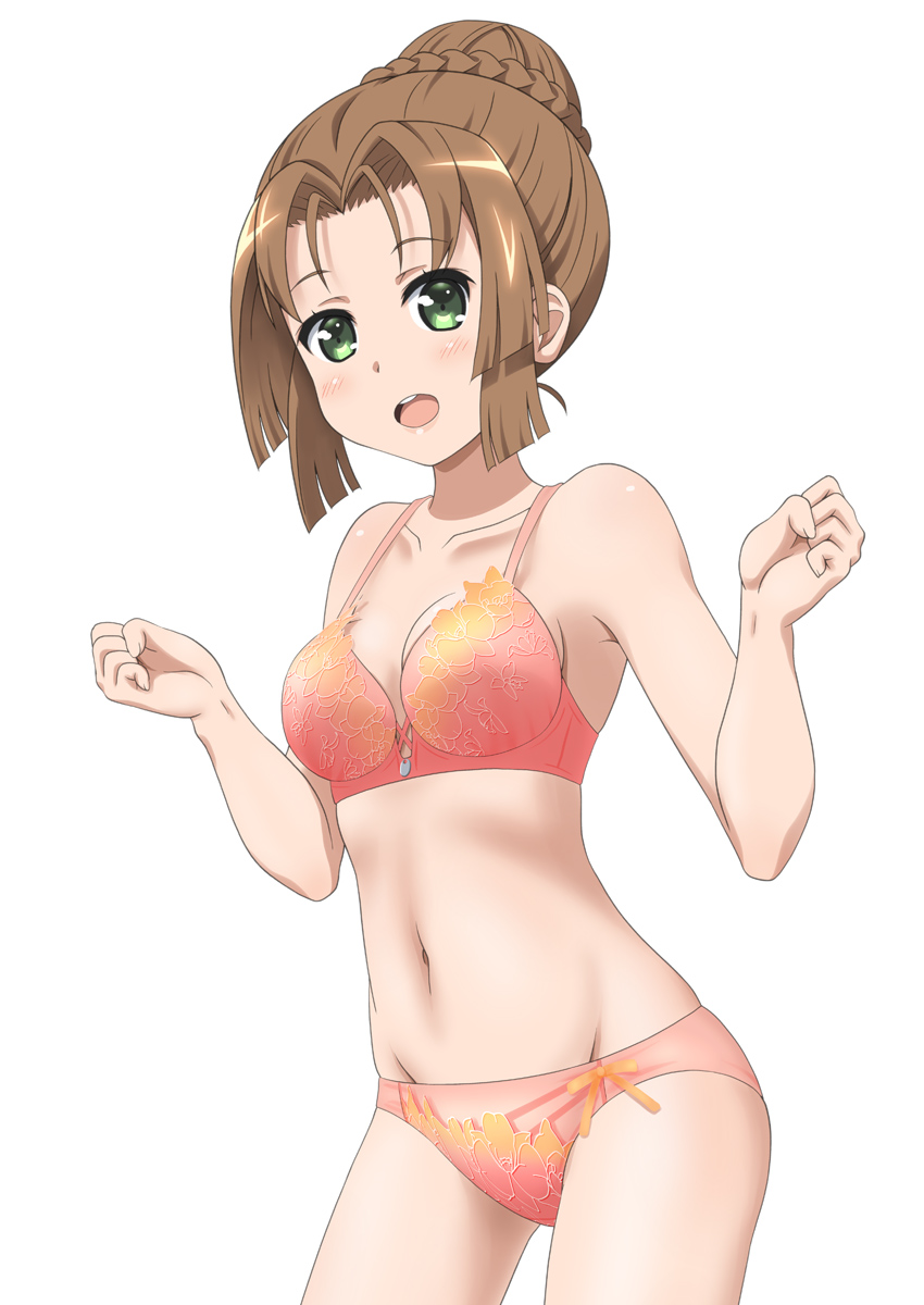 1girl, bra, braid, breasts, brown_hair, collarbone, contrapposto, cowboy_shot