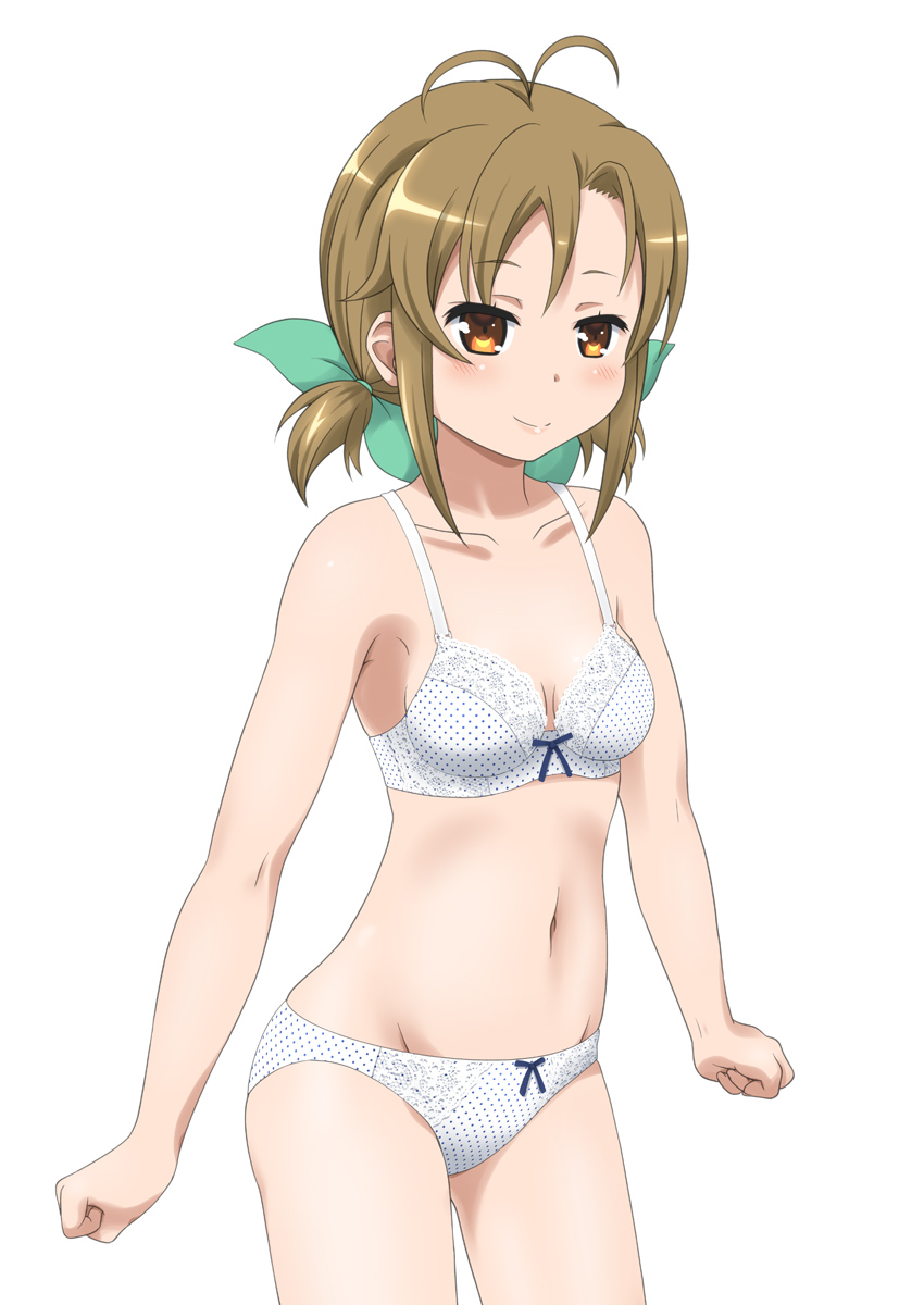 1girl, antenna_hair, bra, breasts, brown_eyes, brown_hair, collarbone, cowboy_shot