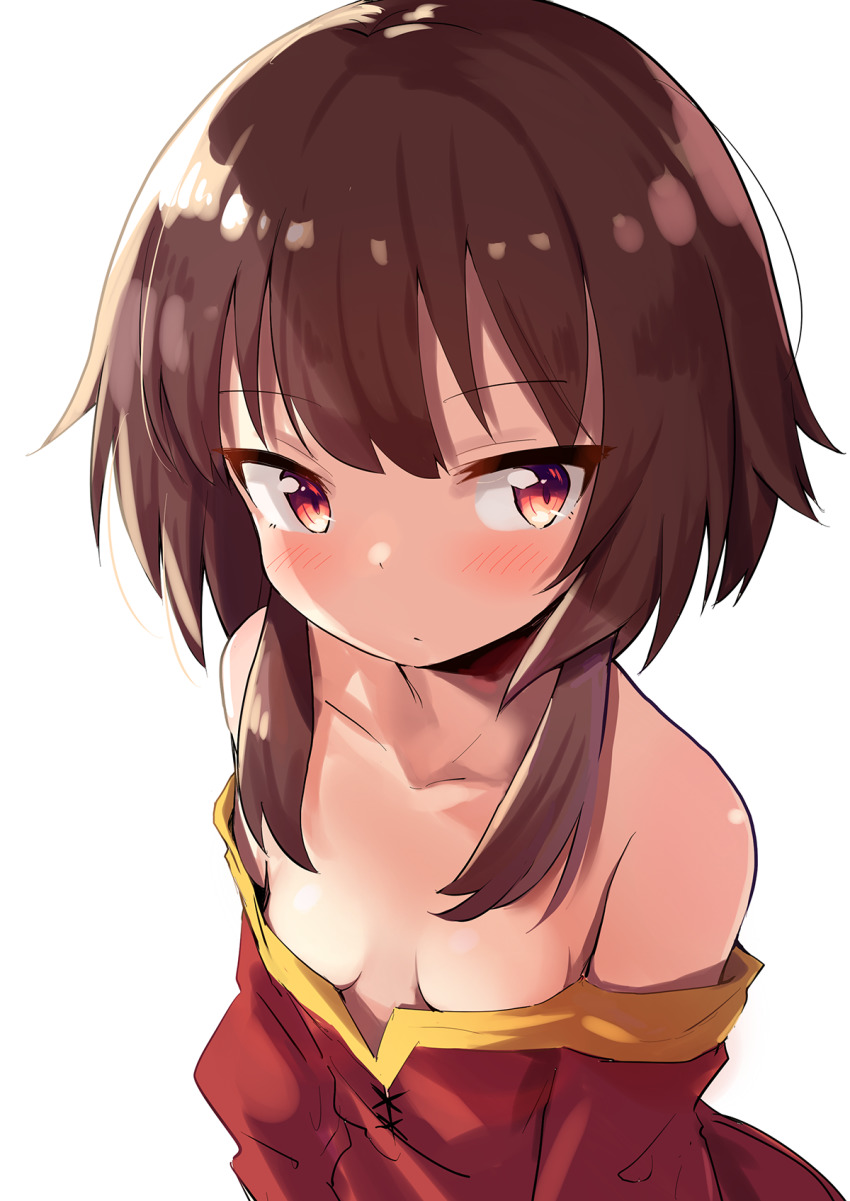10s, 1girl, bare_shoulders, breasts, brown_hair, cleavage, downblouse, dress, female_focus, half-closed_eyes, haru_(renol), highres, kono_subarashii_sekai_ni_shukufuku_wo!, megumin, no_bra, off_shoulder, red_eyes, short_hair_with_long_locks, simple_background, small_breasts, solo, upper_body, white_background