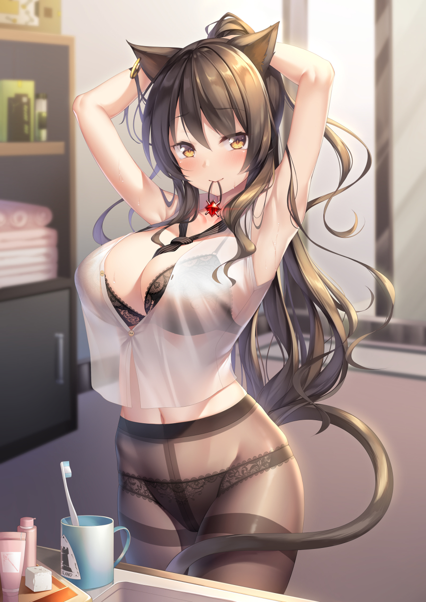 1girl, absurdres, animal_ears, arknights, armpits, arms_behind_head, arms_up, bathroom