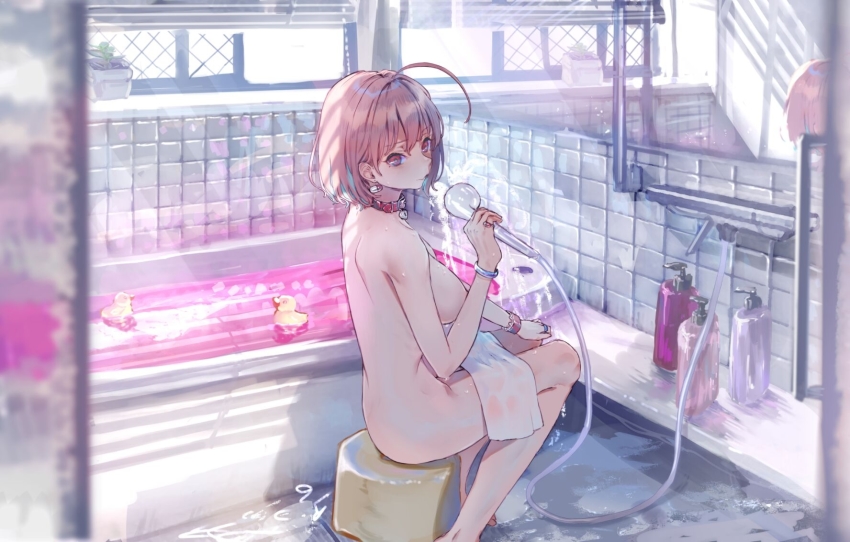 1girl, ahoge, barefoot, bath, bath_stool, bathing, bathroom, bathtub