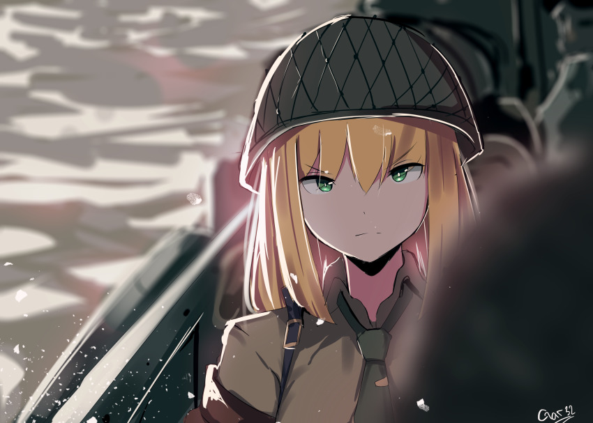 1girl, absurdres, blonde_hair, blurry, blurry_background, blurry_foreground, brown_shirt, closed_mouth