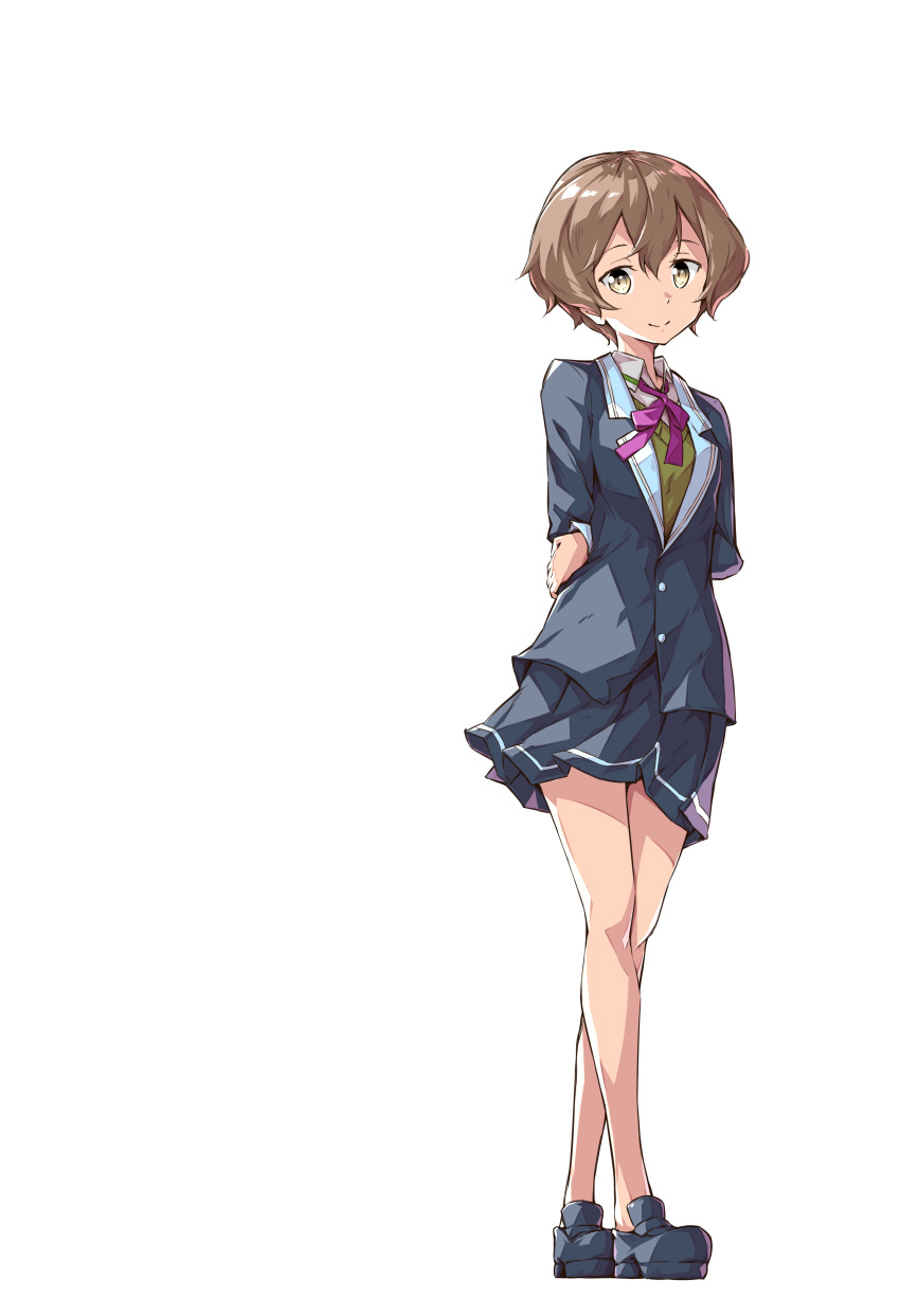 1girl, absurdres, arms_behind_back, blazer, blue_shoes, blue_skirt, brown_eyes, brown_hair