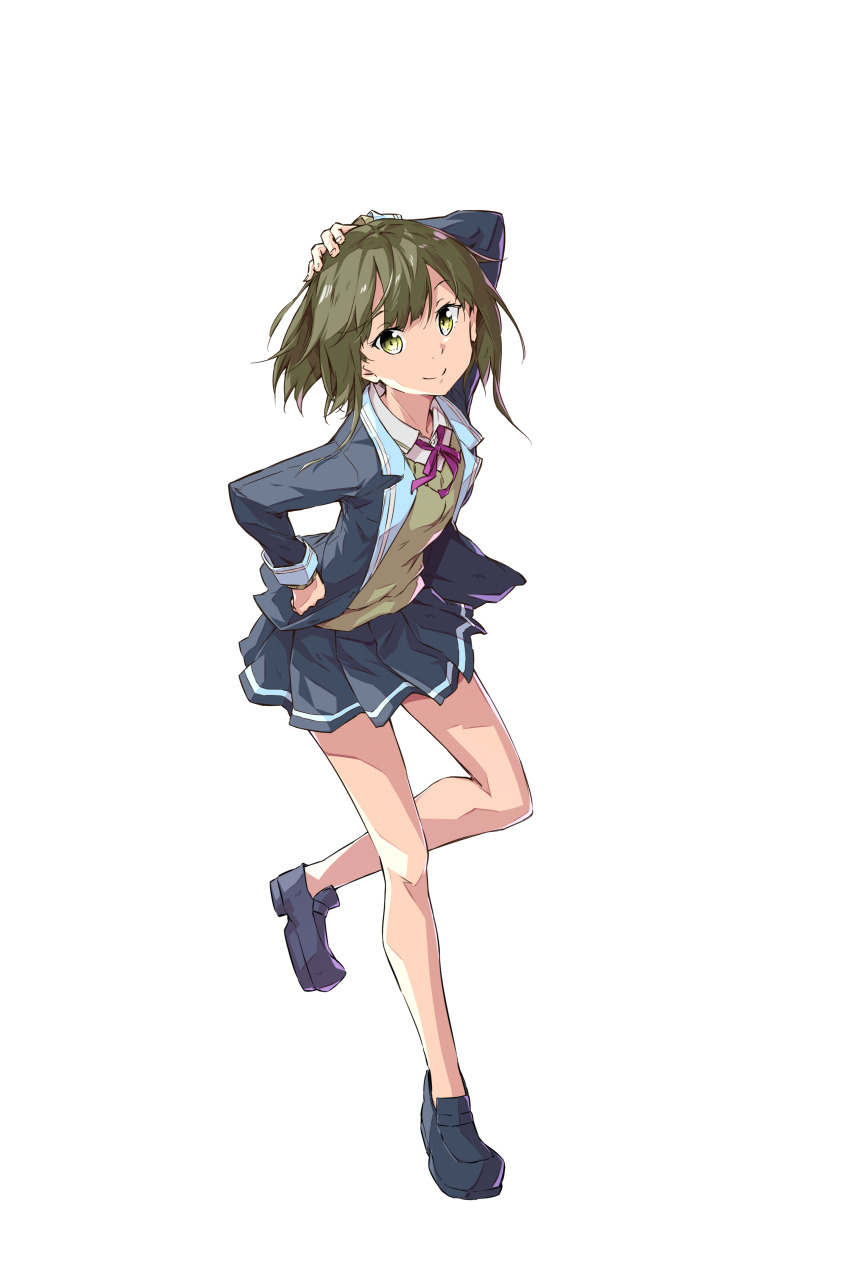 1girl, absurdres, arm_up, blazer, blue_shoes, blue_skirt, collared_shirt, commentary_request