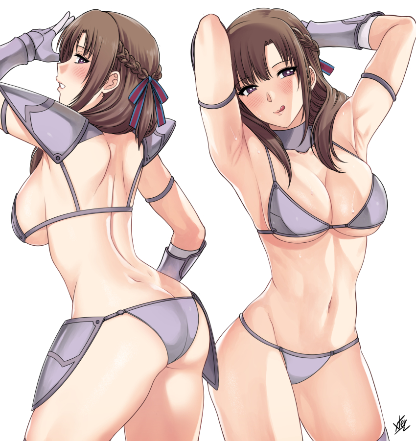1girl, arcie_albano, arm_guards, arm_strap, armor, armpits, arms_behind_head, artist_name, ass, bad_id, bad_pixiv_id, bikini, bikini_armor, blush, bracer, braid, breasts, brown_background, brown_hair, butt_crack, cleavage, cowboy_shot, dimples_of_venus, faulds, french_braid, gloves, gluteal_fold, grey_bikini, grey_gloves, groin, hair_ribbon, hand_on_own_hip, highres, large_breasts, licking_lips, long_hair, looking_at_viewer, mature_female, multiple_views, navel, oosuki_mamako, parted_lips, purple_eyes, red_ribbon, ribbon, seductive_smile, shoulder_armor, sidelocks, signature, simple_background, skindentation, smile, stomach, swimsuit, thighhighs, thighs, tongue, tongue_out, tsuujou_kougeki_ga_zentai_kougeki_de_ni-kai_kougeki_no_okaasan_wa_suki_desu_ka?, white_background, white_thighhighs, xter