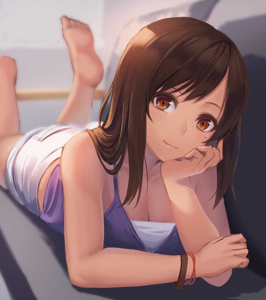1girl, bare_shoulders, barefoot, breasts, brown_eyes, brown_hair, camisole, cleavage