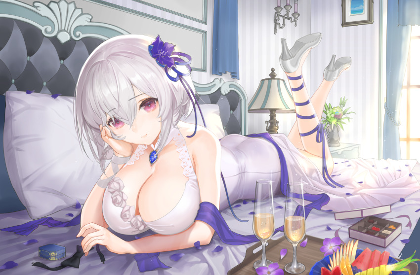 1girl, alcohol, azur_lane, blush, bow, bowtie, box, breasts, chocolate, cleavage, cup, curtains, dress, drinking_glass, female_focus, flower, hair_ornament, high_heels, highres, lamp, large_breasts, legs_up, looking_at_viewer, lying, nanam_(nanam_sk), on_stomach, pillow, red_eyes, short_hair, sirius_(azur_lane), sirius_(white_rose)_(azur_lane), smile, solo, violet_(flower), white_dress, white_hair, window, wine, wine_glass