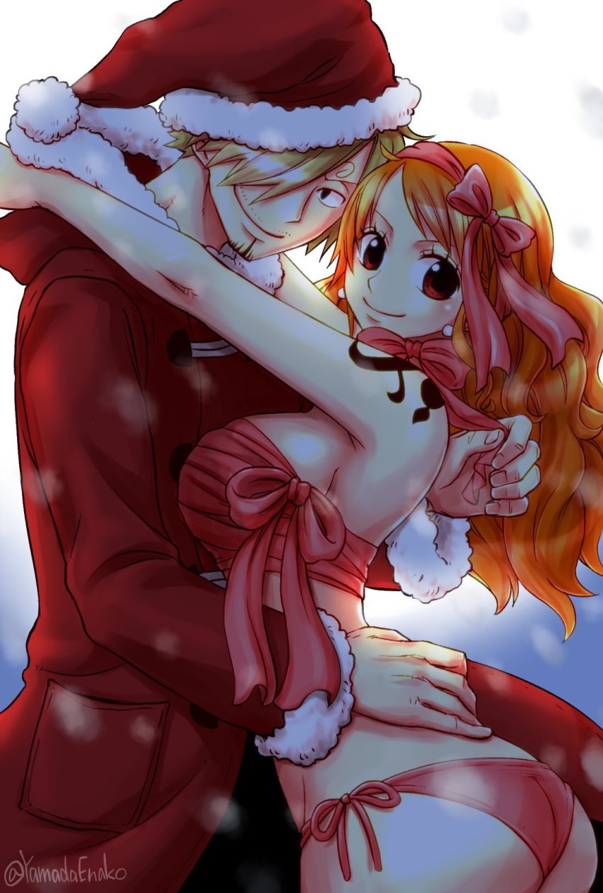 1boy, 1girl, apron, bikini, blonde_hair, blush, breasts, christmas