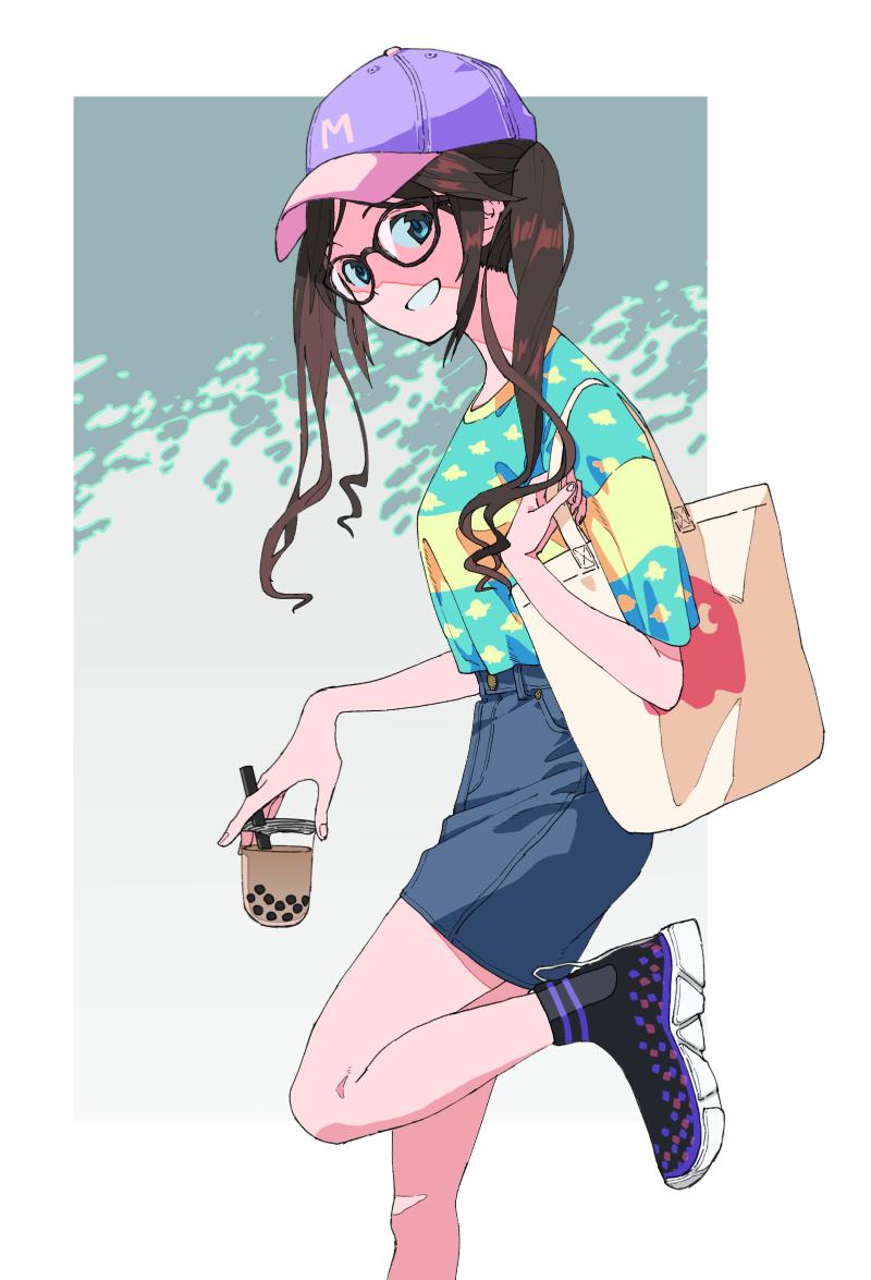 1girl, bag, baseball_cap, blue_eyes, brown_hair, bubble_tea, denim, denim_shorts