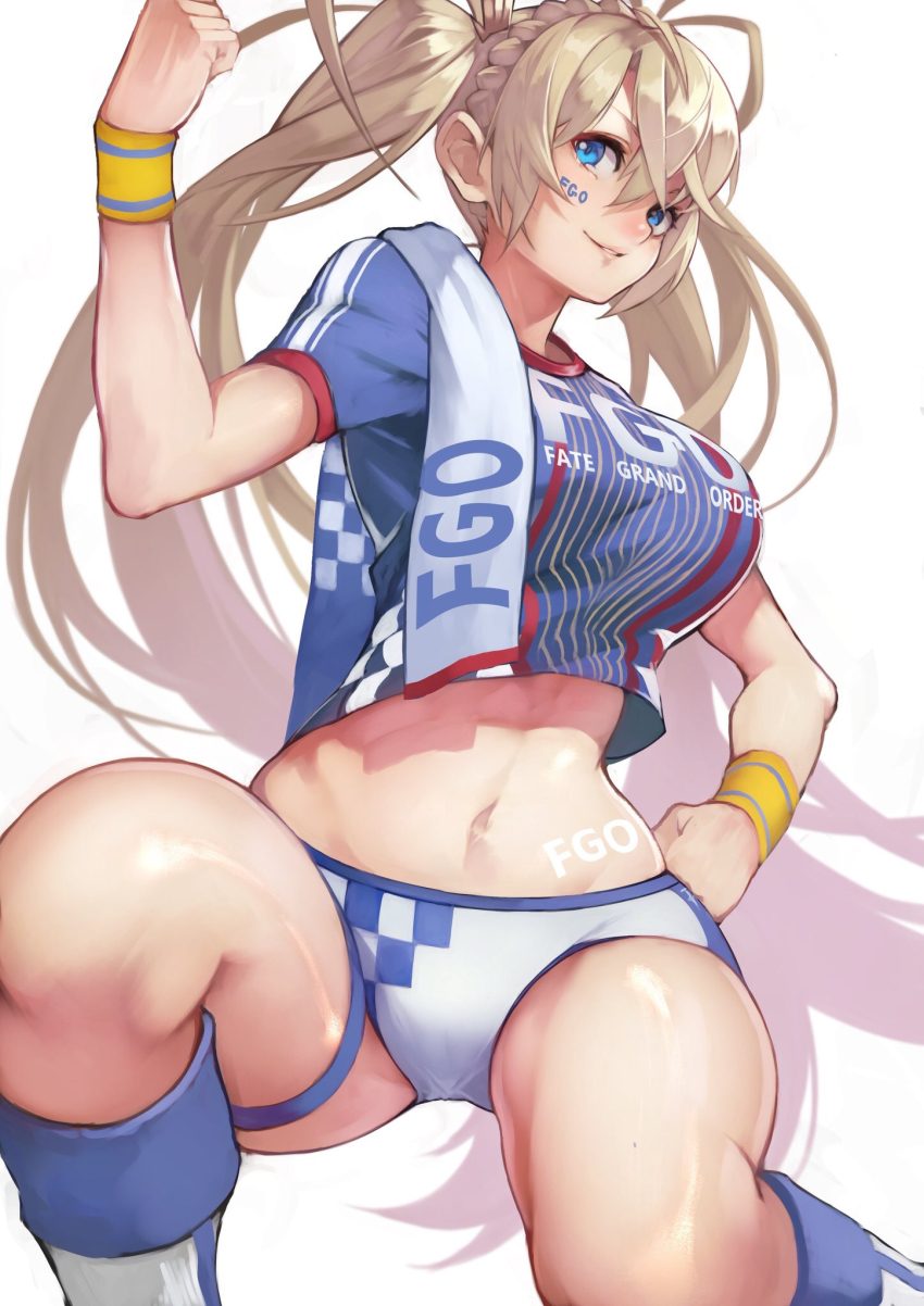 1girl, bikini, bikini_bottom_only, blonde_hair, blue_eyes, blue_shirt, blush, body_writing, boots, bradamante_(fate), bradamante_(festival_outfit)_(fate), braid, breasts, cleavage, clenched_hand, clothes_writing, crop_top, crown_braid, facepaint, fate/grand_order, fate_(series), female_focus, hair_between_eyes, hand_on_own_hip, hand_up, heroic_spirit_chaldea_park_outfit, highres, knee_boots, large_breasts, long_hair, looking_at_viewer, midriff, parted_lips, revision, shirt, simple_background, smile, socks, solo, swimsuit, thigh_strap, thighs, towel, towel_on_one_shoulder, twintails, very_long_hair, white_background, white_bikini, wristband, yoshio_(55level)