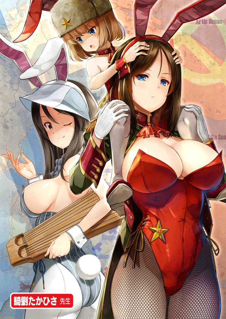 3girls, ;), animal_ears, artist_name, ascot, ass, black_hair, black_legwear, blonde_hair, blue_eyes, blue_headwear, blue_leotard, blue_neckwear, bow, bowtie, breasts, brown_eyes, brown_hair, brown_headwear, carrying, cleavage, closed_mouth, coattails, collar, detached_collar, epaulettes, fake_animal_ears, fishnet_pantyhose, fishnets, frown, fur_hat, girls_und_panzer, gloves, half-closed_eyes, hammer_and_sickle, hat, holding, holding_instrument, instrument, kantele, katyusha_(girls_und_panzer), kiryuu_takahisa, large_breasts, leotard, long_hair, long_sleeves, looking_at_another, looking_at_viewer, map, medium_breasts, mika_(girls_und_panzer), multiple_girls, nonna_(girls_und_panzer), one_eye_closed, open_mouth, pantyhose, playboy_bunny, rabbit_ears, rabbit_tail, red_collar, red_footwear, red_leotard, red_neckwear, seamed_legwear, shoes, short_hair, shoulder_carry, shrug_(clothing), side-tie_leotard, sideboob, smile, soviet, standing, strapless, strapless_leotard, striped_clothes, striped_leotard, swept_bangs, tail, tailcoat, translated, tulip_hat, ushanka, vertical-striped_clothes, vertical-striped_leotard, white_gloves, white_legwear, wrist_cuffs