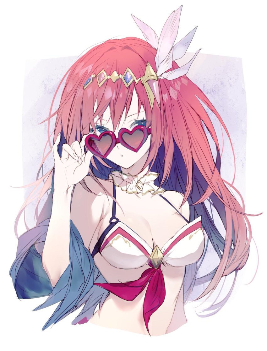 1girl, adjusting_eyewear, adjusting_glasses, alexiel_(summer)_(granblue_fantasy), bikini, blue_eyes, blush, breasts