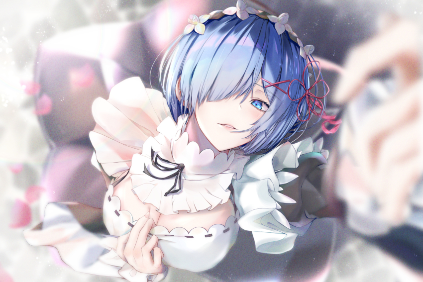 1girl, bad_id, bad_pixiv_id, black_ribbon, blue_eyes, blue_hair, blurry, blurry_background