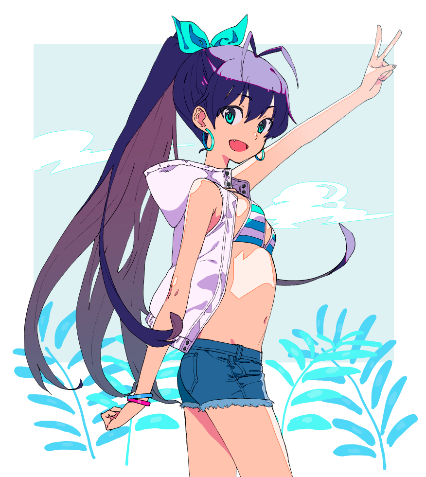 1girl, antenna_hair, aqua_eyes, armpit_peek, bikini, bikini_top_only, bracelet, breasts