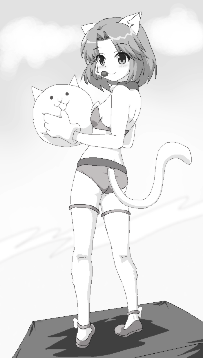 1girl, animal_ears, ass, cat_(nyanko_daisensou), cat_ears, cat_tail, cloud, greyscale