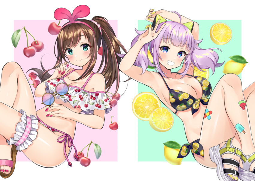 2girls, :d, ahoge, aqua_eyes, armpits, arms_up, bare_arms, bare_shoulders, bikini, black_bikini, blue_eyes, breasts, brown_hair, cherry, cherry_print, cleavage, closed_mouth, collarbone, commentary_request, food, food_print, frilled_thigh_strap, front-tie_bikini_top, front-tie_top, fruit, fruit_print, grin, hair_ornament, hairband, halterneck, hand_up, haruyuki_(snowdrop), kaguya_luna, kizuna_ai, kizuna_ai_inc., knee_up, knees_up, large_breasts, lemon, lemon_print, long_hair, looking_at_viewer, multiple_girls, nail_polish, open_mouth, ponytail, print_bikini, red_nails, sandals, side-tie_bikini_bottom, silver_hair, smile, stomach, swimsuit, the_moon_studio, thigh_strap, thighs, toenail_polish, toenails, v, virtual_youtuber, white_bikini, wide_hips, yellow_nails