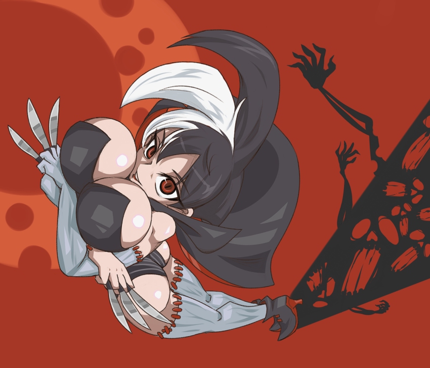 1girl, ass, atlus, boots, breasts, brown_eyes, cape, cleavage, female_focus, full_body, highres, huge_breasts, knife, large_breasts, multicolored_hair, necro_samantha, princess_crown, red_background, scar, shadow, solo, spiked_hair, stitches, thighhighs, two-tone_hair, yashiroku