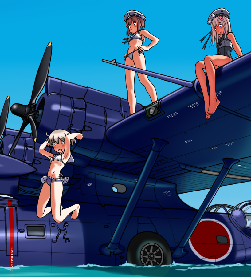 3girls, aircraft, airplane, arms_up, bikini, blonde_hair, blush, bow, brown_hair, consolidated_pby_catalina, day, flower, flying_boat, full_body, hair_flower, hair_ornament, hands_on_own_hips, hat, jumping, kantai_collection, long_hair, multiple_girls, one-piece_swimsuit, open_mouth, outdoors, porusasu, ribbon, ro-500_(kancolle), ro-500_(swimsuit)_(kancolle), sailor_hat, seaplane, short_hair, side-tie_bikini_bottom, sitting, sky, standing, swimsuit, swimsuit_under_clothes, tan, water, z1_leberecht_maass_(kancolle), z1_leberecht_maass_(swimsuit)_(kancolle), z3_max_schultz_(kancolle), z3_max_schultz_(swimsuit)_(kancolle)