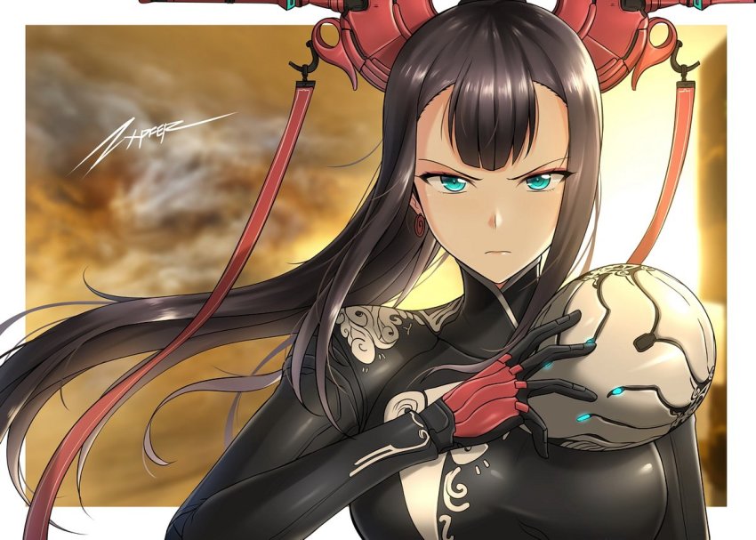 1girl, arm_up, artist_name, black_hair, blue_eyes, bodysuit, closed_mouth, commentary