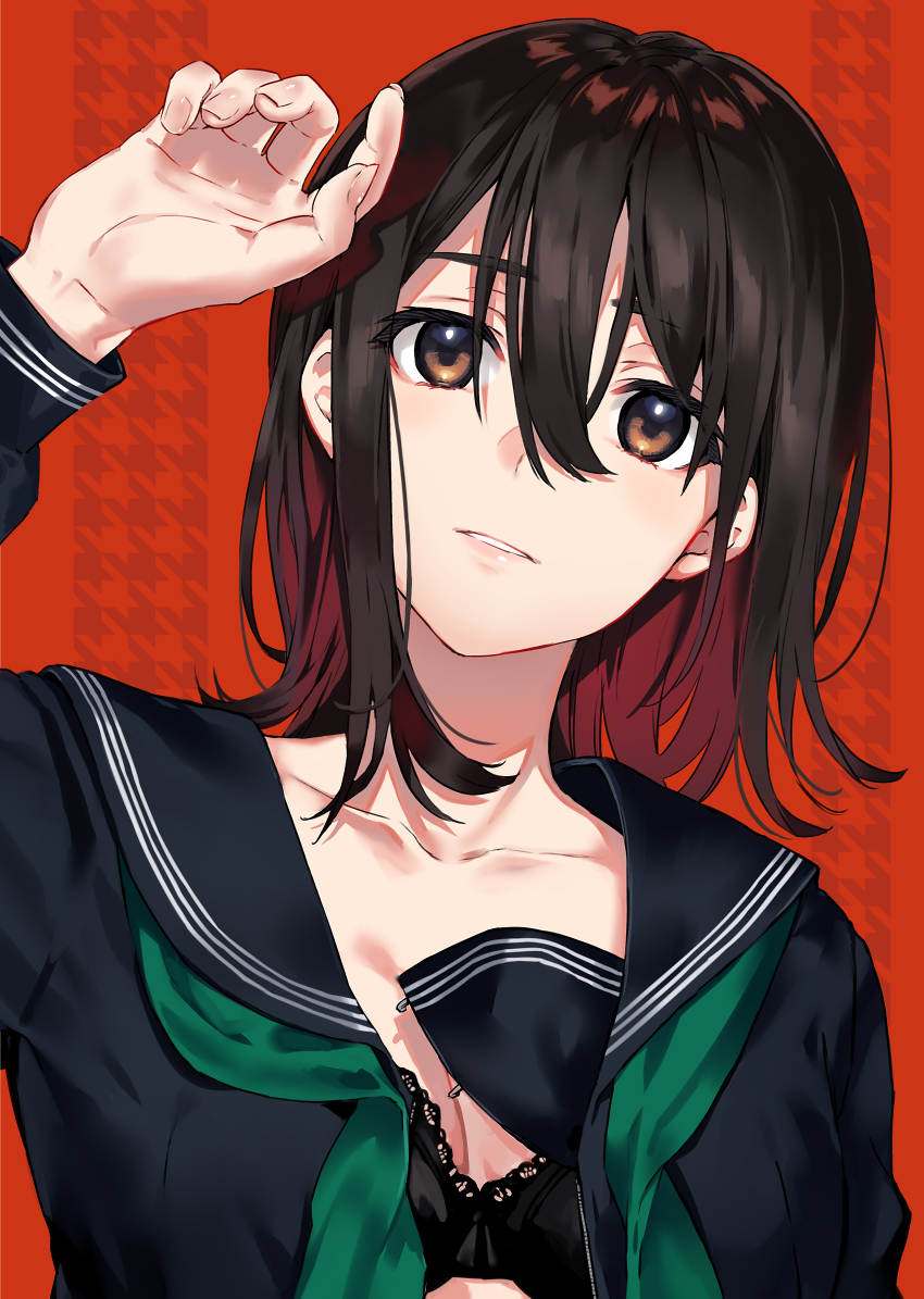 1girl, arisaka_ako, arm_up, black_bra, black_hair, black_sailor_collar, black_shirt, bra