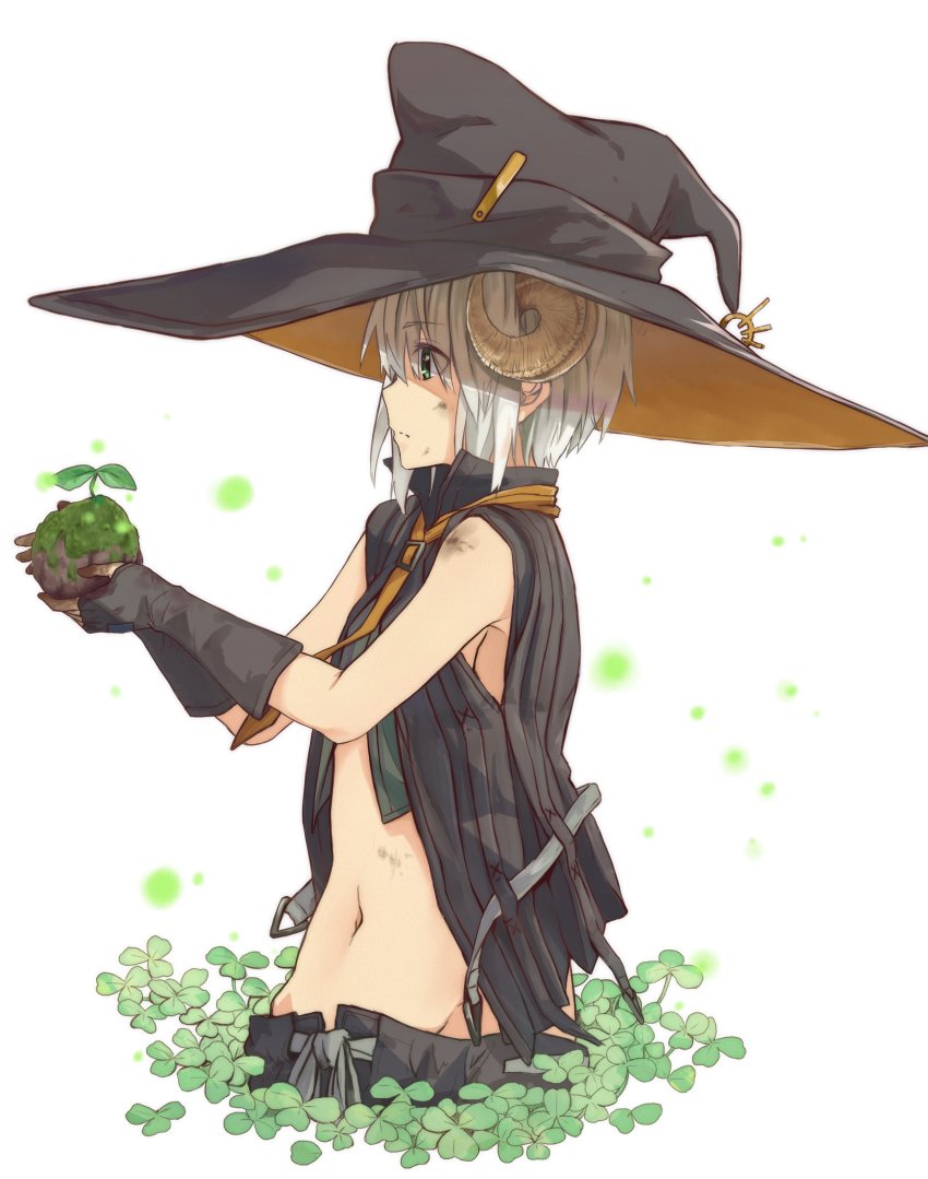 1girl, absurdres, bare_shoulders, black_gloves, black_jacket, clover, commentary_request, female_focus, fingerless_gloves, from_side, gloves, green_eyes, hat, highres, holding, holding_stone, horns, jacket, large_hat, navel, orange_neckwear, original, plant, short_hair, shuutou_haruka, simple_background, sleeveless, sleeveless_jacket, solo, stone, white_background, white_hair