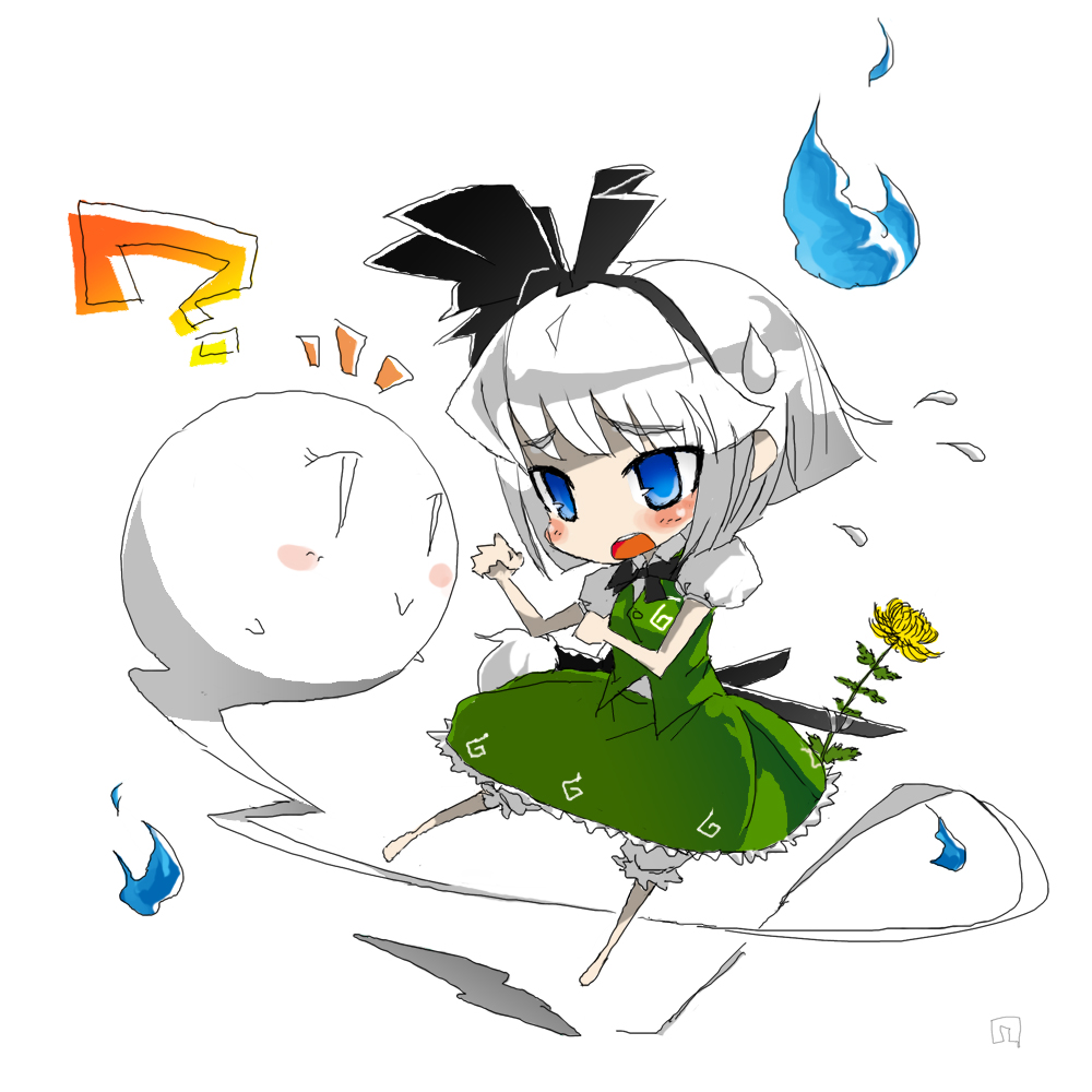 1girl, :>, ?, bad_id, bad_pixiv_id, chibi, female_focus, flower