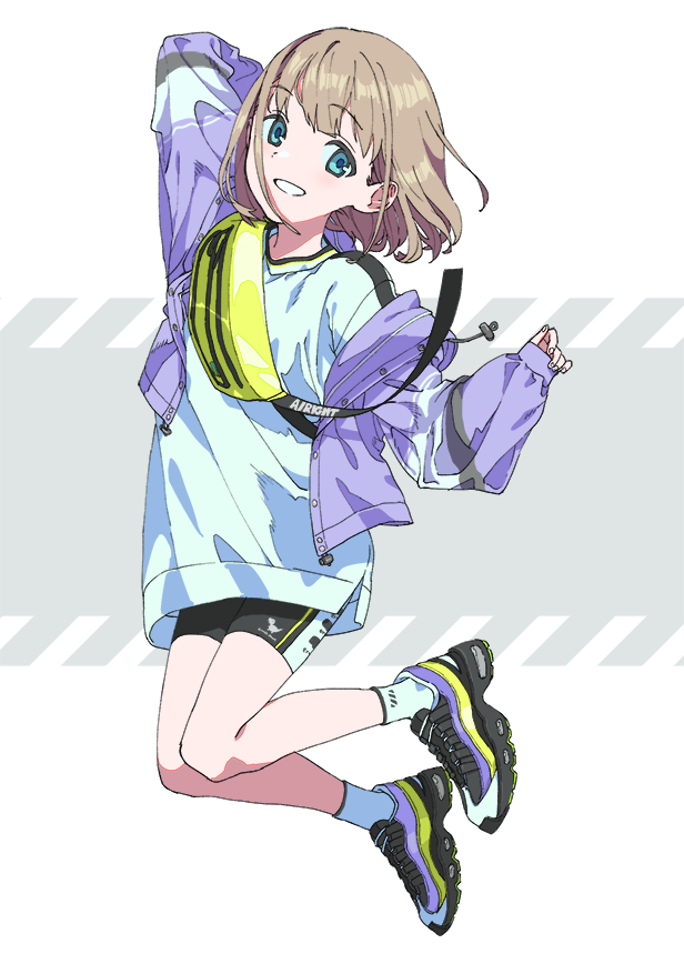1girl, air_max_95, bike_shorts, blue_eyes, fanny_pack, grin, idolmaster, idolmaster_shiny_colors