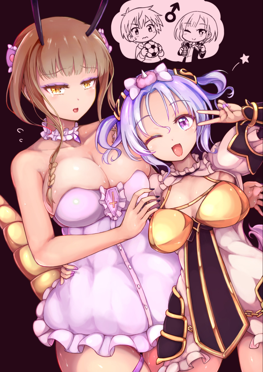 2boys, 2girls, ball, black_nails, blue_skirt, blush, breasts, brown_hair