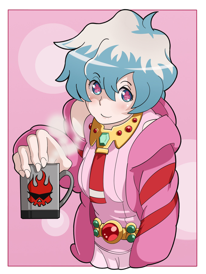 00s, 1girl, bad_id, bad_pixiv_id, blue_hair, cup, female_focus, mm-shoujo