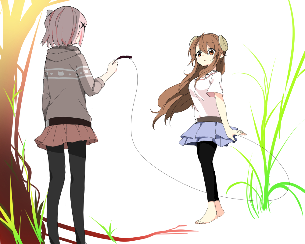2girls, ahoge, barefoot, belt, black_legwear, blouse, blue_skirt, brown_eyes