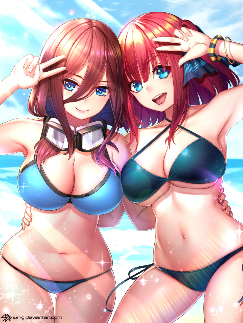 2girls, bikini, blue_bikini, blue_eyes, blush, breasts, brown_hair, cleavage, collarbone, commentary_request, day, diving_mask, diving_mask_around_neck, go-toubun_no_hanayome, goggles, hair_between_eyes, hair_ornament, jurrig, large_breasts, long_hair, looking_at_viewer, multiple_girls, nakano_miku, nakano_nino, navel, outdoors, red_hair, siblings, sisters, smile, swimsuit, underboob, v, w, watermark, web_address