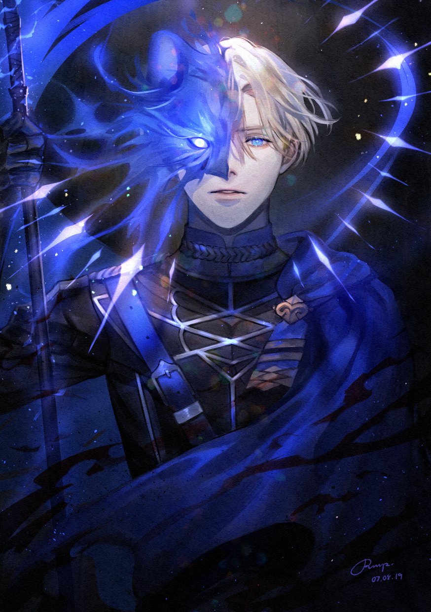 1boy, armor, artist_name, aura, blonde_hair, blue_eyes, cape, dimitri_alexandre_blaiddyd, fire_emblem, fire_emblem:_three_houses, gloves, glowing, glowing_eyes, highres, lion, male_focus, nintendo, polearm, rm-parfait, solo, sparkle, spear, teeth, weapon