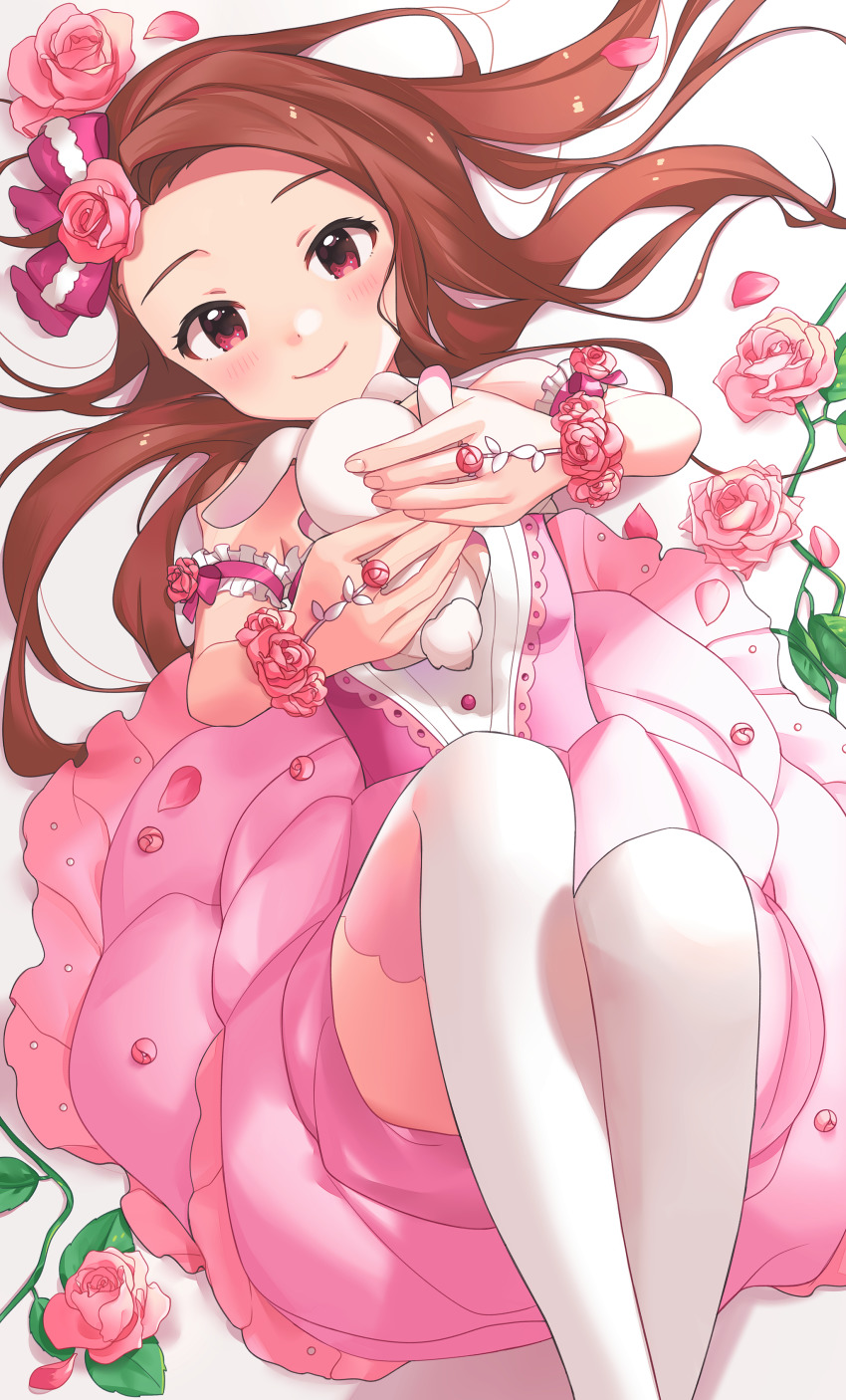 1girl, absurdres, bare_shoulders, blush, bow, breasts, brown_eyes, brown_hair, commentary_request, dress, female_focus, flower, highres, idolmaster, idolmaster_(classic), idolmaster_million_live!, idolmaster_million_live!_theater_days, inuyama_nanami, long_hair, looking_at_viewer, minase_iori, minase_iori_(rose_shower_celebrate), pink_dress, pink_flower, pink_rose, purple_bow, rose, small_breasts, smile, solo, stuffed_animal, stuffed_rabbit, stuffed_toy, thighhighs, white_thighhighs