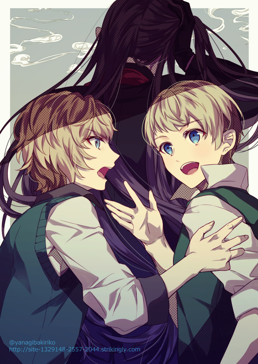 3boys, adjusting_hair, black_gloves, black_hair, black_suit, blonde_hair, blue_eyes, commentary_request