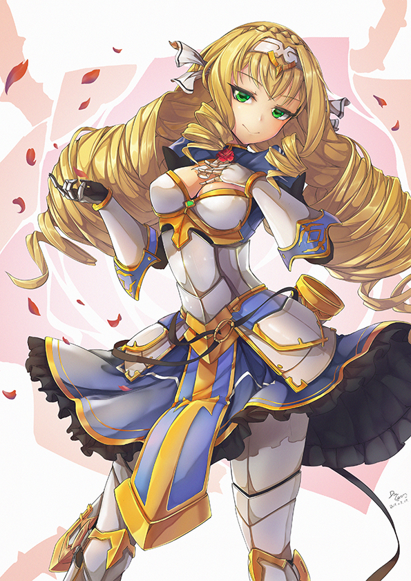 armor, armored_boots, armored_dress, blonde_hair, boots, breasts, dress, epic_seven, green_eyes, lidica_(epic_seven), long_hair, looking_at_viewer, s86579450, solo, weapon_bag