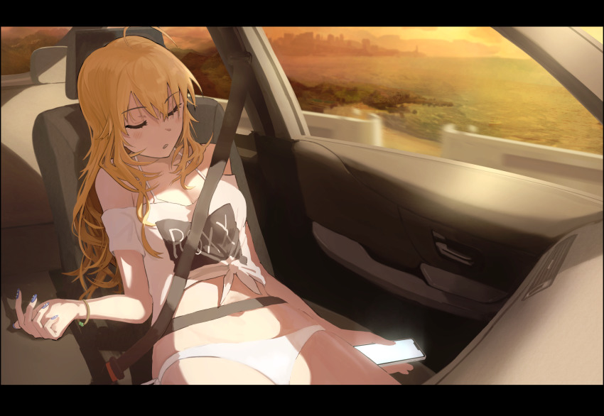 1girl, ahoge, bare_shoulders, bikini, bikini_under_clothes, blonde_hair, bracelet, breasts, car_interior, cellphone, cityscape, cleavage, closed_eyes, epitaph_(1122), female_focus, hair_between_eyes, highres, hoshii_miki, idolmaster, idolmaster_(classic), jewelry, letterboxed, long_hair, nail_polish, navel, no_pants, ocean, phone, purple_nails, seatbelt, sitting, sleeping, smartphone, solo, sunset, swimsuit, white_bikini