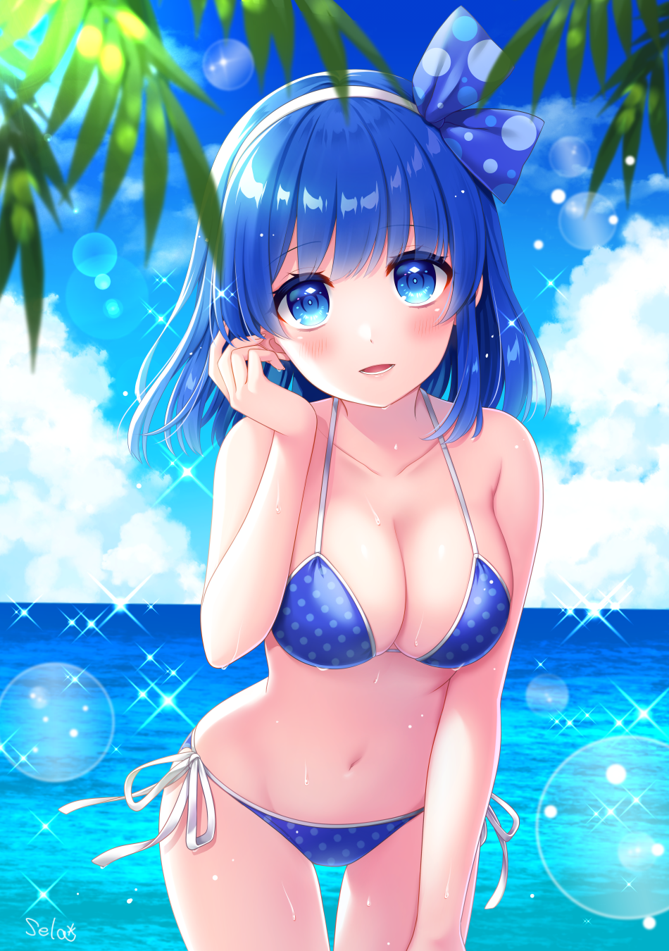 1girl, ao_no_rupika, artist_name, beatmania_iidx, beatmania_iidx_20_tricoro, bemani, bikini, blue_bikini, blue_hair, blue_ribbon, blurry, blush, breasts, cleavage, cloud, collarbone, commentary_request, cowboy_shot, day, depth_of_field, female_focus, hair_ribbon, hairband, head_tilt, highres, large_breasts, leaning_forward, lens_flare, looking_at_viewer, outdoors, parted_lips, plant, polka_dot, polka_dot_bikini, ribbon, side-tie_bikini_bottom, sky, smile, solo, sparkle, stardrop, swimsuit, water