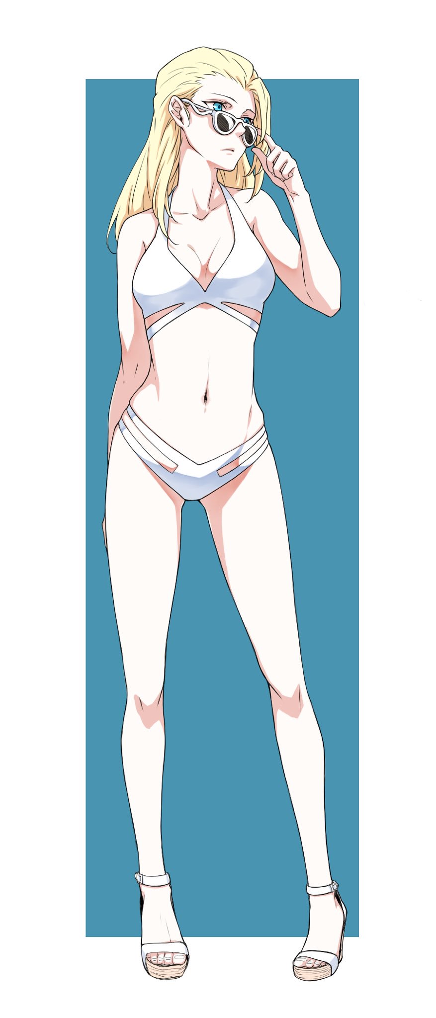 1girl, adjusting_eyewear, adjusting_glasses, arm_behind_back, bikini, blonde_hair, blue_background, blue_eyes, breasts, clara_(girls_und_panzer), closed_mouth, enseisong, female_focus, full_body, girls_und_panzer, highres, legs, light_frown, long_hair, looking_over_eyewear, looking_over_glasses, looking_to_the_side, medium_breasts, navel, outside_border, sandals, solo, standing, sunglasses, swimsuit, tinted_eyewear, white-framed_eyewear, white_bikini, white_sandals