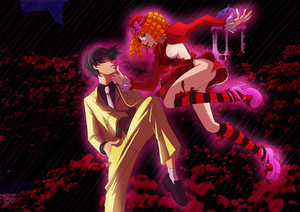 00s, 1boy, 1girl, aikabocha, akiabocha, blue_eyes, bow, breasts