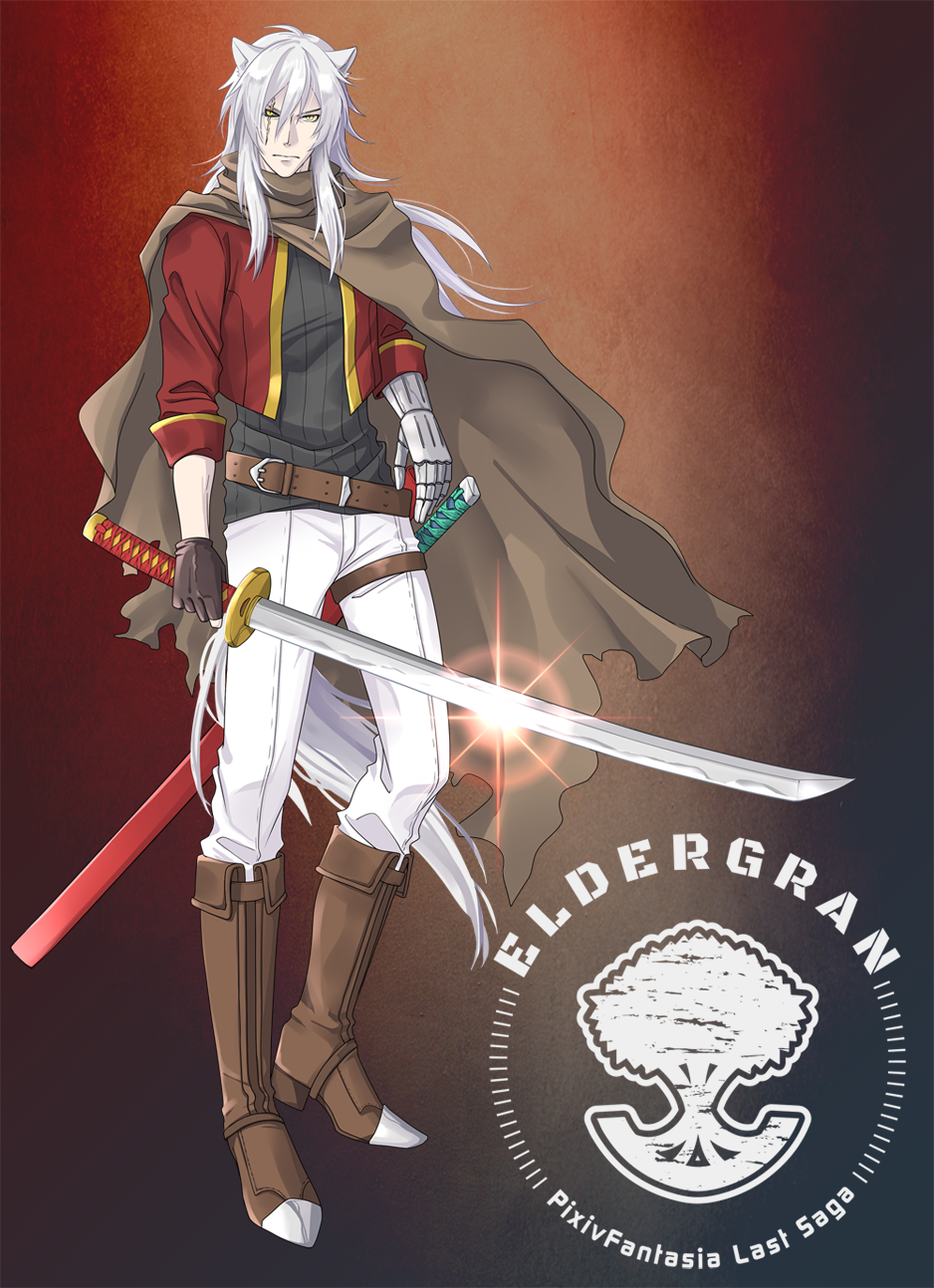 asymmetrical_gloves, belt, black_gloves, black_shirt, boots, brown_boots, brown_cape, cape, copyright_name, fujishiro_kanae, full_body, gadis_(pixiv_fantasia_last_saga), gauntlets, glint, gloves, hair_between_eyes, highres, katana, knee_boots, long_hair, male_focus, mismatched_gloves, pants, pixiv_fantasia, pixiv_fantasia_last_saga, ribbed_shirt, scar, scar_across_eye, scar_on_face, shirt, sidelocks, simple_background, solo, standing, sword, weapon, white_hair, white_pants, yellow_eyes