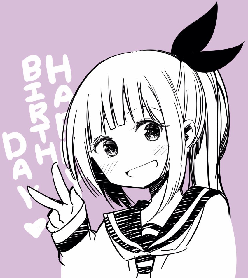 1girl, aida_rikako, birthday, blunt_bangs, commentary_request, english_text, female_focus, greyscale
