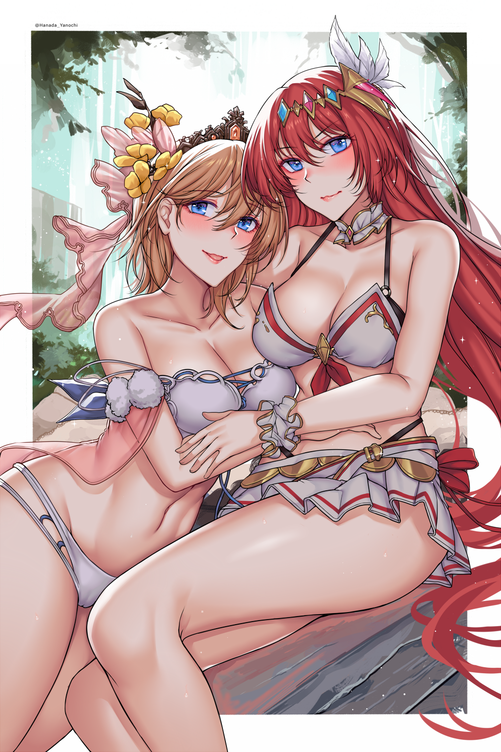 2girls, alexiel_(summer)_(granblue_fantasy), bare_shoulders, bikini, blonde_hair, blue_eyes, blush, border